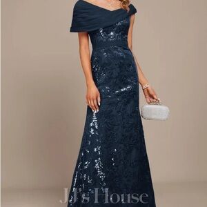 JJs House Dark Navy Sheath Off the Shoulder Lace Sequin Chiffon Evening Dress